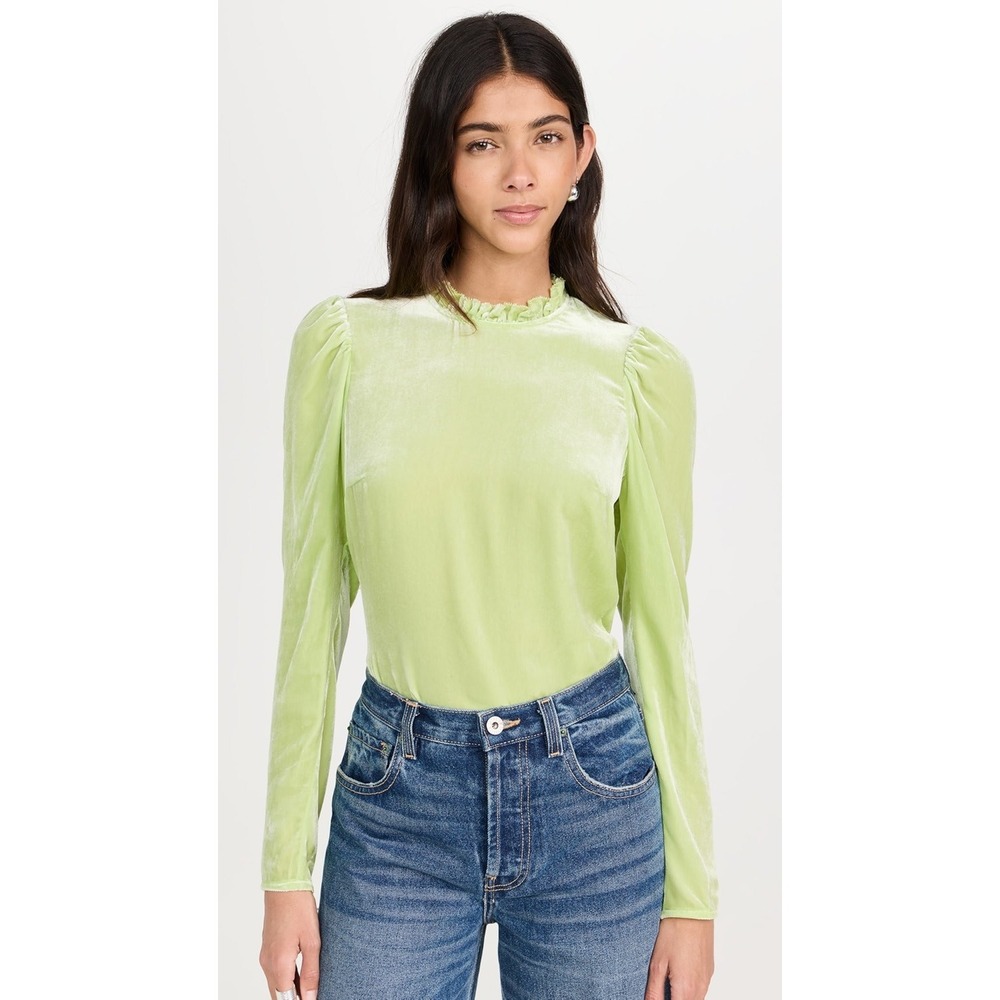 Ulla‎ Johnson Marlene Velvet Blouse Size 0 Pistachio Puff Sleeve High Neck Chic